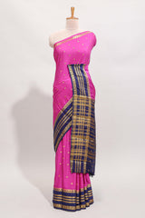 Pink zari motifs design art mysore silk saree with contrast zari border and motifs blouse