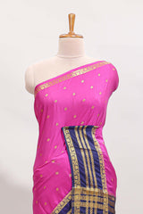 Pink zari motifs design art mysore silk saree with contrast zari border and motifs blouse
