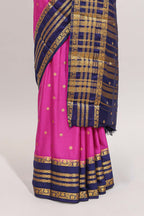 Pink zari motifs design art mysore silk saree with contrast zari border and motifs blouse