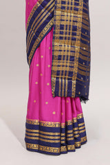 Pink zari motifs design art mysore silk saree with contrast zari border and motifs blouse