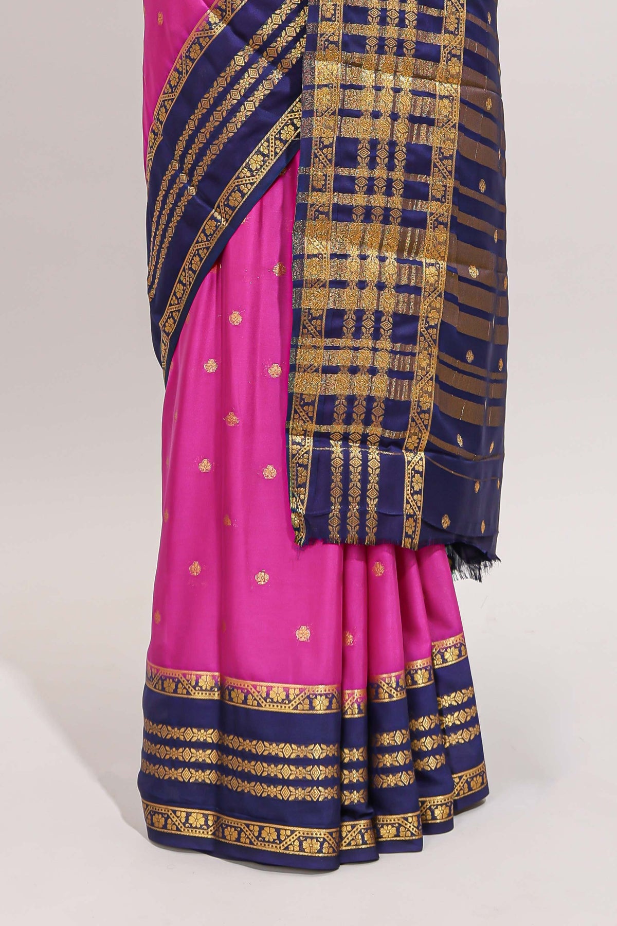 Pink zari motifs design art mysore silk saree with contrast zari border and motifs blouse