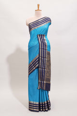 Blue checked design art mysore silk saree with contrast zari border and checked blouse