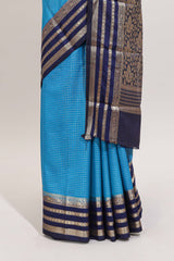 Blue checked design art mysore silk saree with contrast zari border and checked blouse