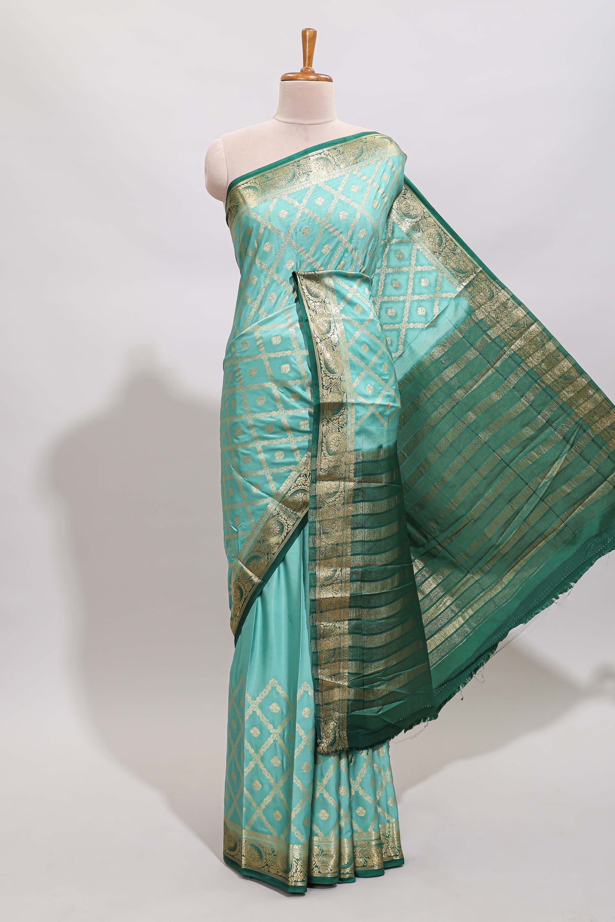 Green geometric zari motifs design art mysore silk saree with contrast zari border and blouse