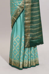 Green geometric zari motifs design art mysore silk saree with contrast zari border and blouse