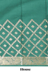 Green geometric zari motifs design art mysore silk saree with contrast zari border and blouse