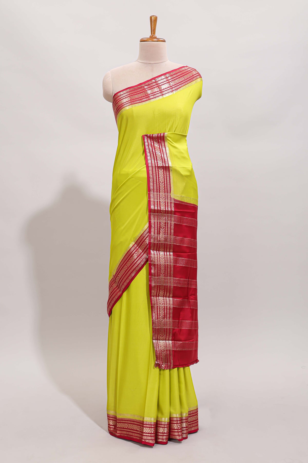 Lemon yellow plain design art mysore silk saree with contrast zari border and blouse