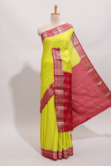 Lemon yellow plain design art mysore silk saree with contrast zari border and blouse