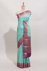 Turquoise green floral zari motifs design art mysore silk saree with contrast zari border and blouse