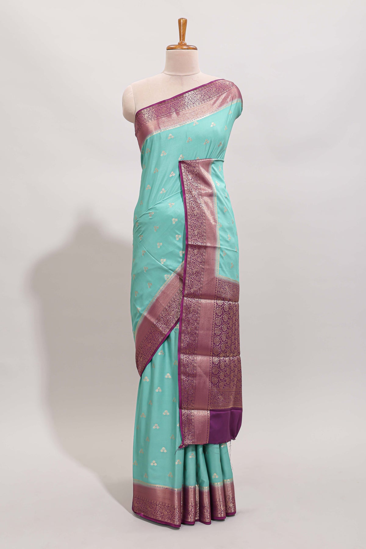 Turquoise green floral zari motifs design art mysore silk saree with contrast zari border and blouse