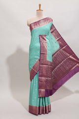 Turquoise green floral zari motifs design art mysore silk saree with contrast zari border and blouse