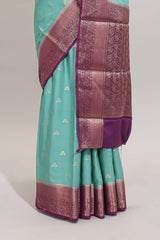 Turquoise green floral zari motifs design art mysore silk saree with contrast zari border and blouse