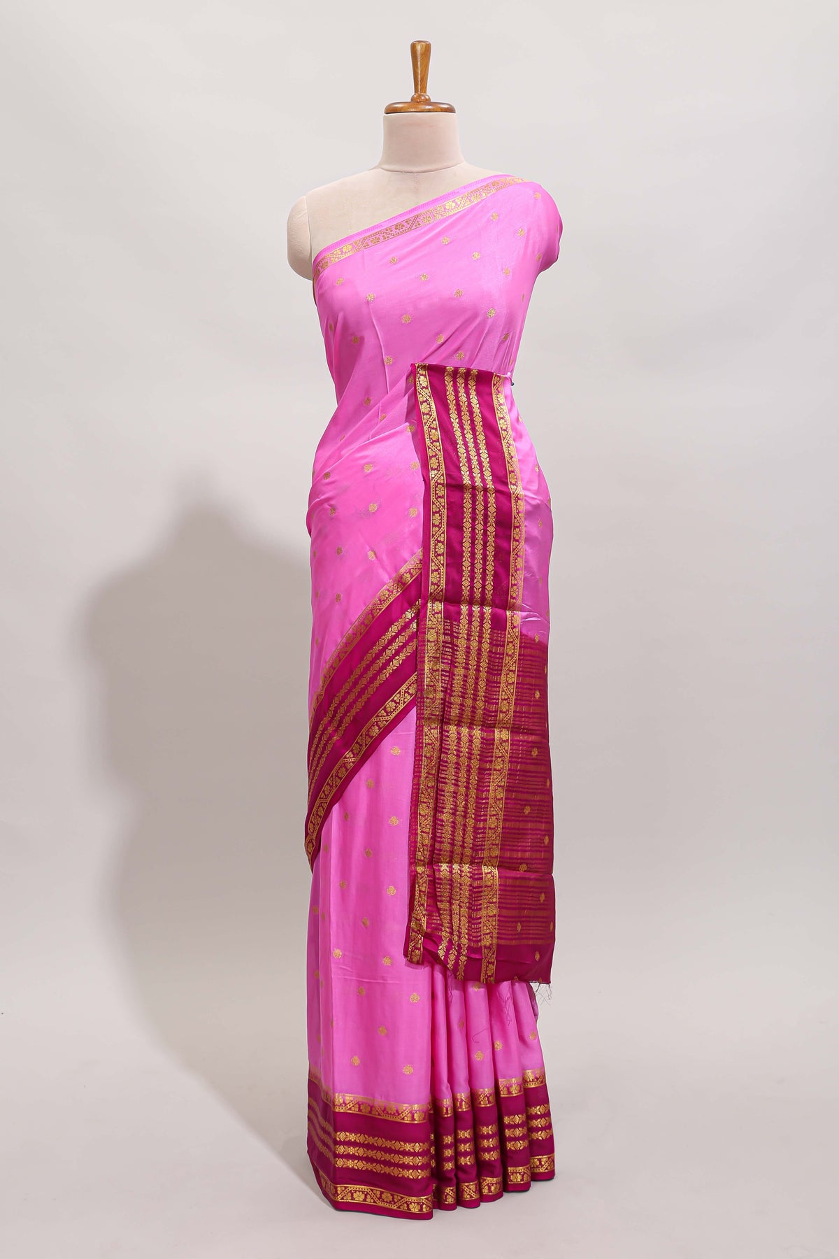 Pink zari motifs design art mysore silk saree with contrast zari border and motifs blouse