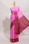 Pink zari motifs design art mysore silk saree with contrast zari border and motifs blouse