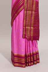 Pink zari motifs design art mysore silk saree with contrast zari border and motifs blouse