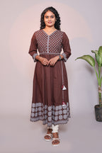 Brown Floral Print A-Line Anarkali Kurta Set with V-Neck, 3/4 Sleeves and White Bottom