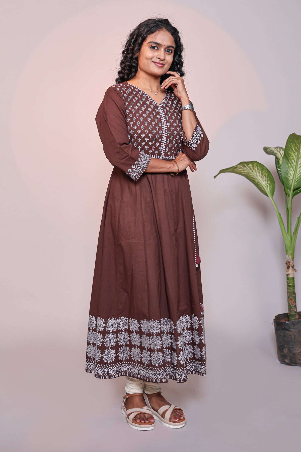 Brown Floral Print A-Line Anarkali Kurta Set with V-Neck, 3/4 Sleeves and White Bottom