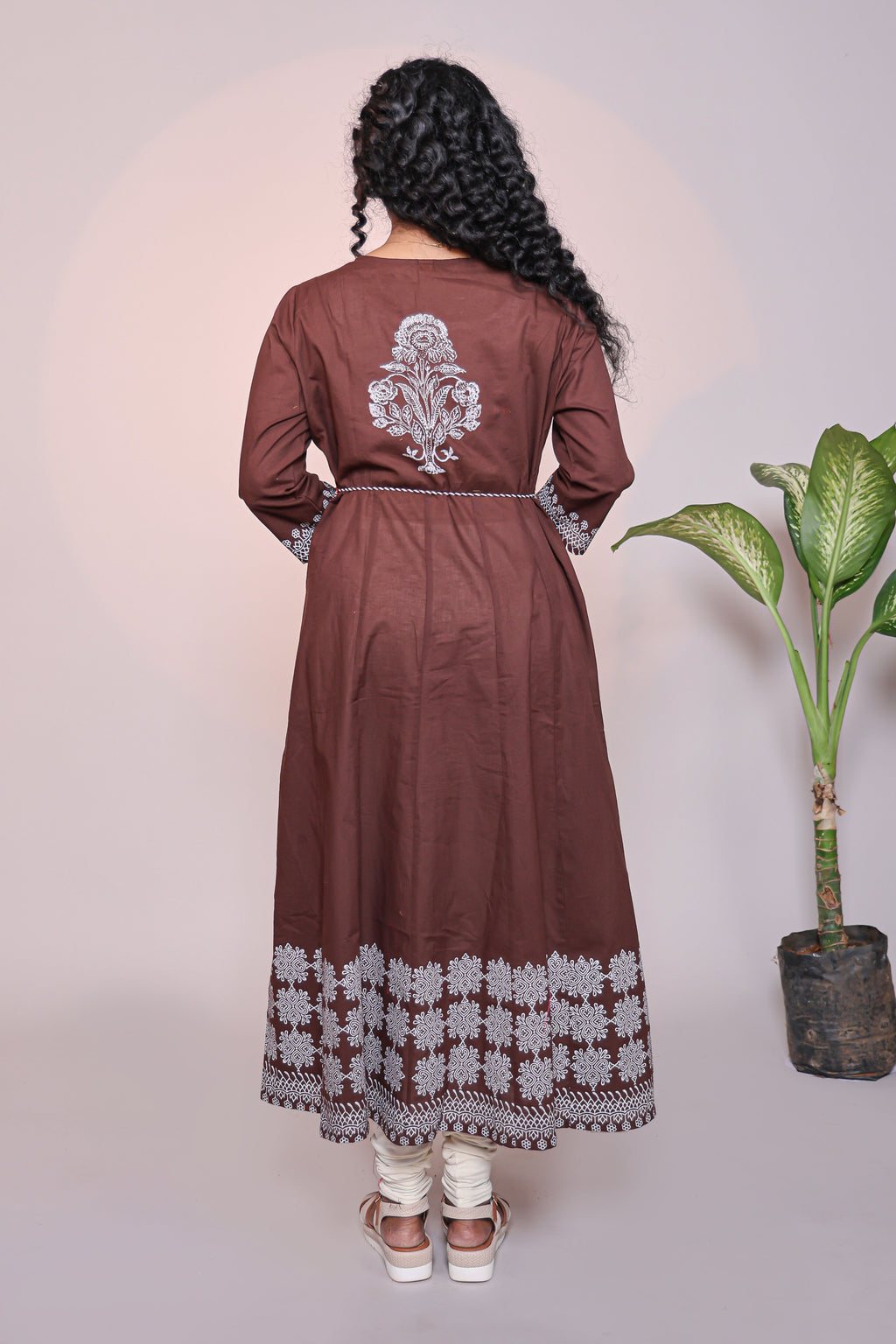 Brown Floral Print A-Line Anarkali Kurta Set with V-Neck, 3/4 Sleeves and White Bottom