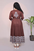 Brown Floral Print A-Line Anarkali Kurta Set with V-Neck, 3/4 Sleeves and White Bottom