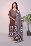 Brown Floral Print A-Line Anarkali Kurta Set with V-Neck, 3/4 Sleeves and Self Bottom