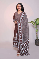 Brown Floral Print A-Line Anarkali Kurta Set with V-Neck, 3/4 Sleeves and Self Bottom