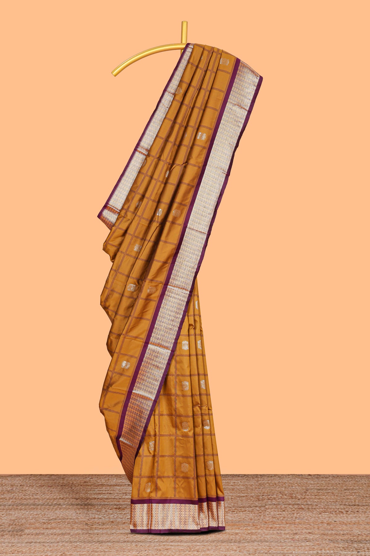 Mustard Yellow Checked Art Silk Saree with Rich Gold Zari Border and Grand Zari Woven Pallu with Contrast Blouse