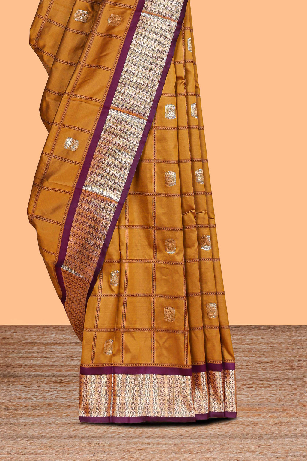 Mustard Yellow Checked Art Silk Saree with Rich Gold Zari Border and Grand Zari Woven Pallu with Contrast Blouse