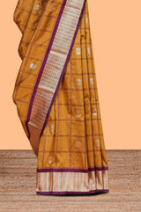 Mustard Yellow Checked Art Silk Saree with Rich Gold Zari Border and Grand Zari Woven Pallu with Contrast Blouse