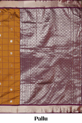 Mustard Yellow Checked Art Silk Saree with Rich Gold Zari Border and Grand Zari Woven Pallu with Contrast Blouse
