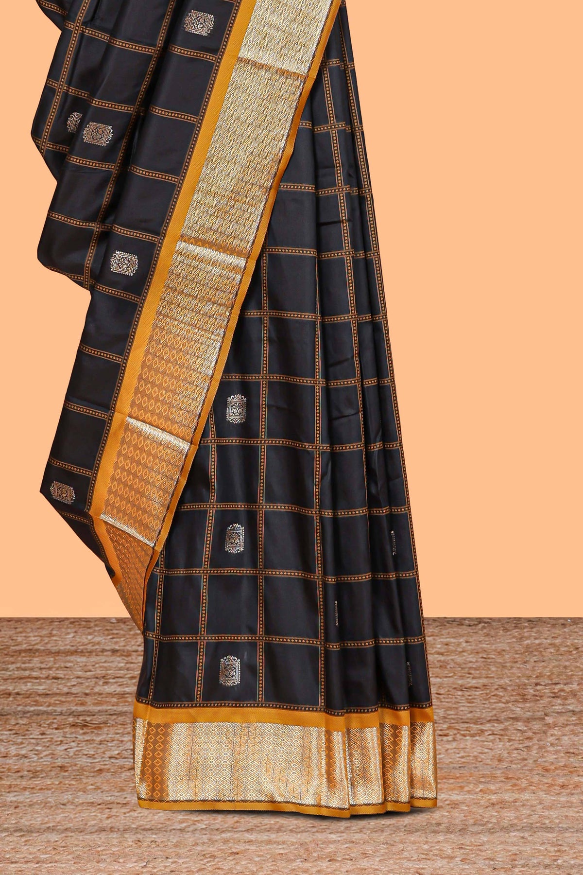 Black Checked Art Silk Saree with Rich Gold Zari Border and Grand Zari Woven Pallu with Contrast Blouse