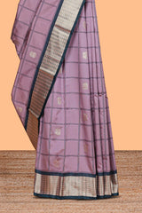 Lavender Checked Art Silk Saree with Rich Gold Zari Border and Grand Zari Woven Pallu with Contrast Blouse