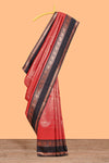 Red Art Silk Checked Pattern and Peacock Motifs with Woven Zari Style Border along with Matching Zari Weaving Buttas