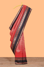 Red Art Silk Checked Pattern and Peacock Motifs with Woven Zari Style Border along with Matching Zari Weaving Buttas