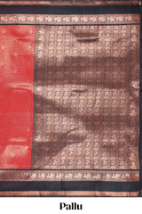 Red Art Silk Checked Pattern and Peacock Motifs with Woven Zari Style Border along with Matching Zari Weaving Buttas