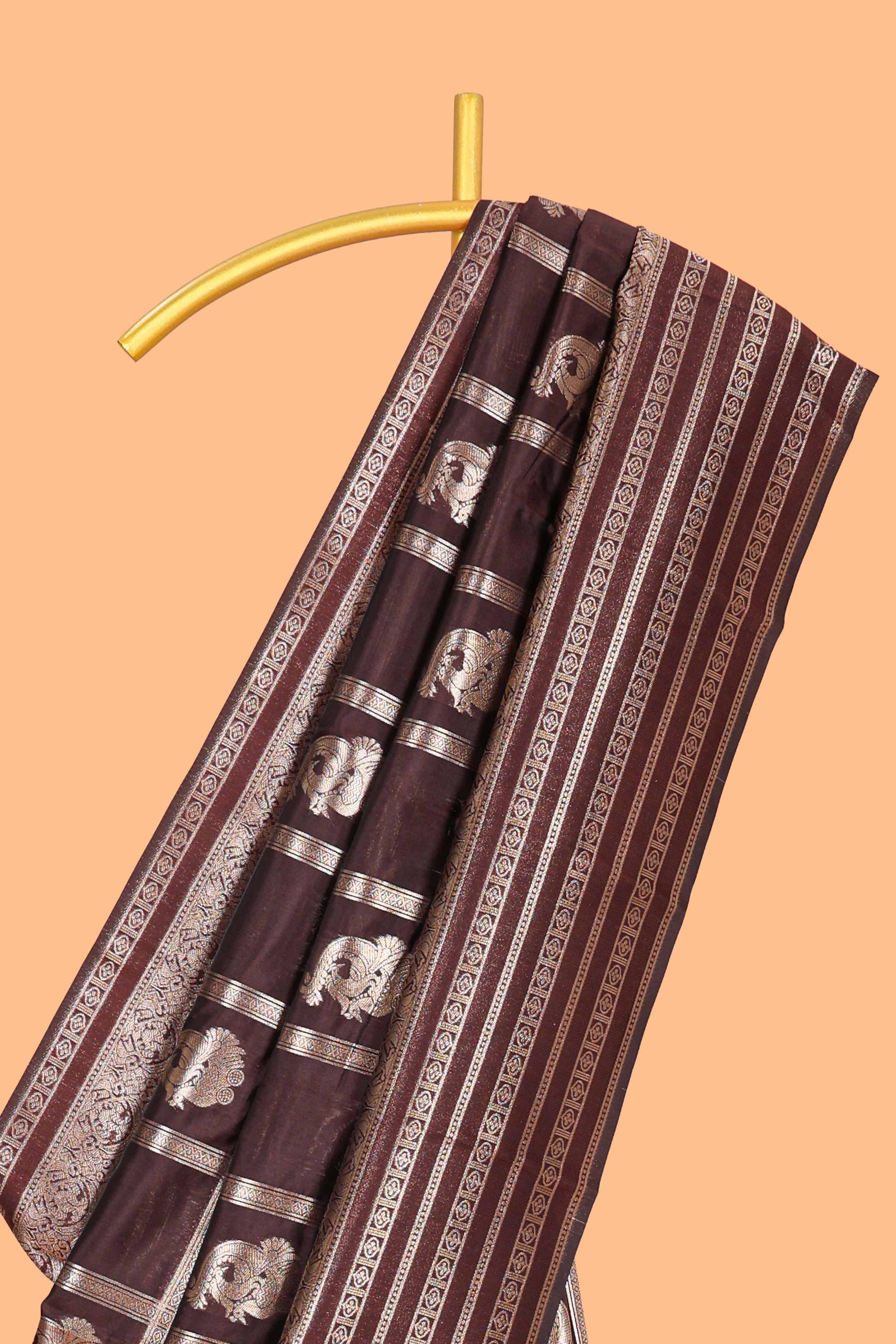 Brown Art Silk Checked Pattern and Paisley with Woven Zari Style Border along with Matching Zari Weaving Buttas