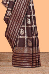 Brown Art Silk Checked Pattern and Paisley with Woven Zari Style Border along with Matching Zari Weaving Buttas