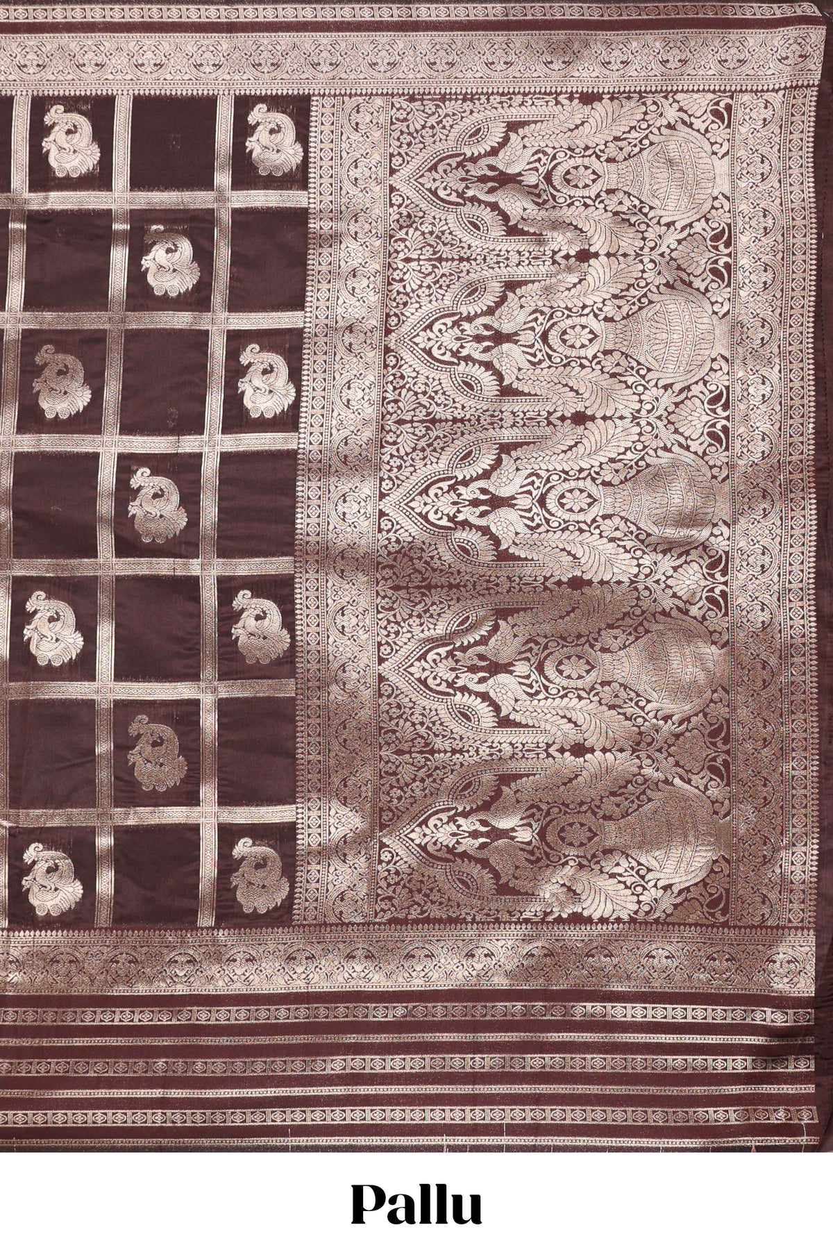 Brown Art Silk Checked Pattern and Paisley with Woven Zari Style Border along with Matching Zari Weaving Buttas