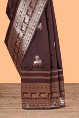 Wine Brown Art Silk Saree Gold Zari Woven Pichwai Motifs with Woven Zari Border and Matching Blouse