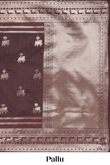 Wine Brown Art Silk Saree Gold Zari Woven Pichwai Motifs with Woven Zari Border and Matching Blouse