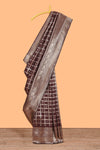 Rich Brown Art Silk Checked Pattern and Motifs withWoven Zari Style Border along with Matching Zari Weaving Buttas