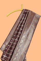 Rich Brown Art Silk Checked Pattern and Motifs withWoven Zari Style Border along with Matching Zari Weaving Buttas