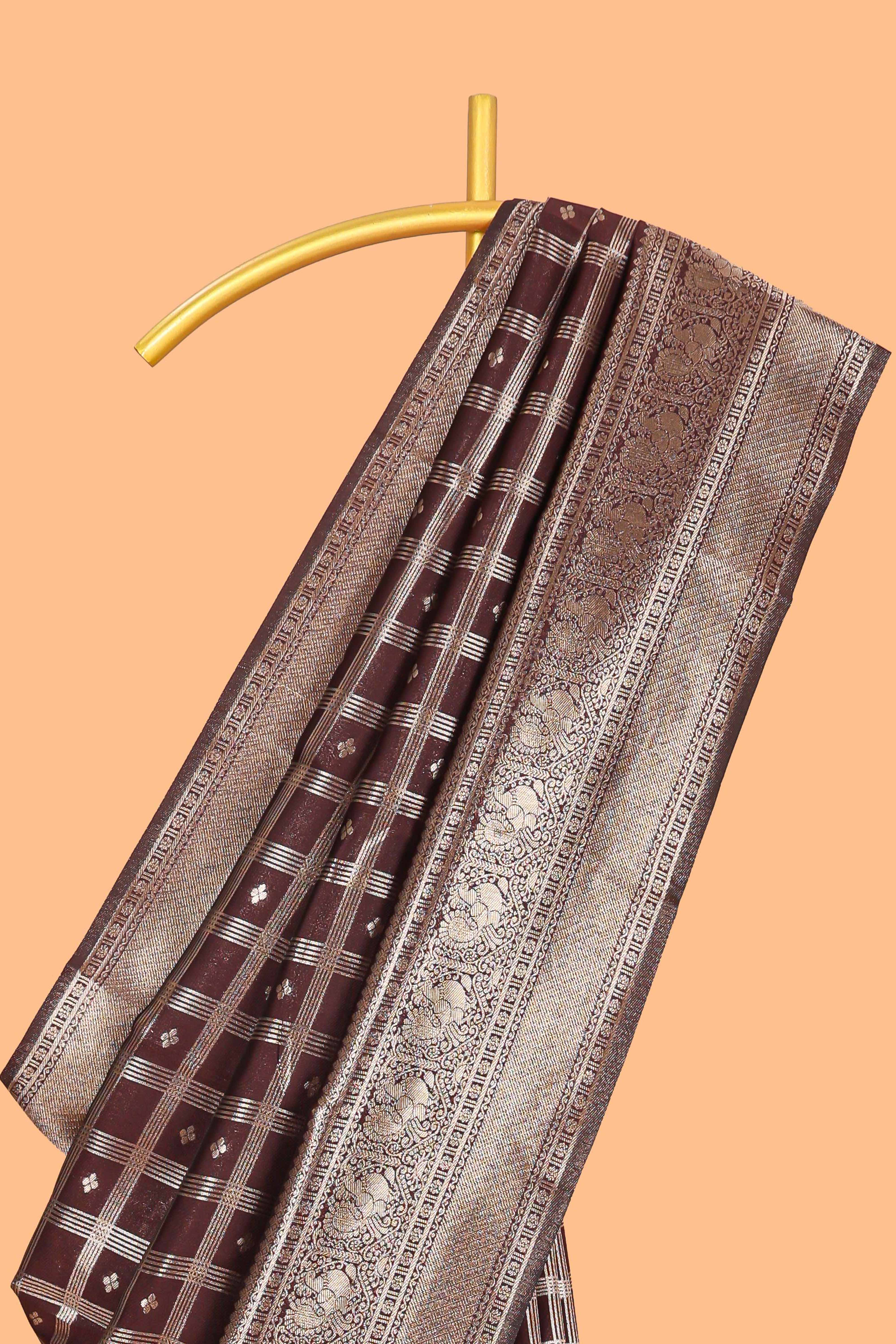 Rich Brown Art Silk Checked Pattern and Motifs withWoven Zari Style Border along with Matching Zari Weaving Buttas