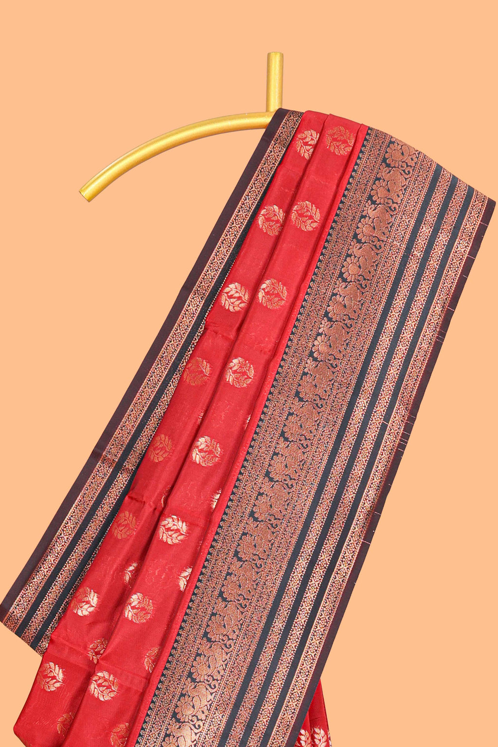 Red Art Silk Paisley Motifs with Woven Zari Style Border along with Matching Zari Weaving Buttas