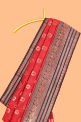 Red Art Silk Paisley Motifs with Woven Zari Style Border along with Matching Zari Weaving Buttas