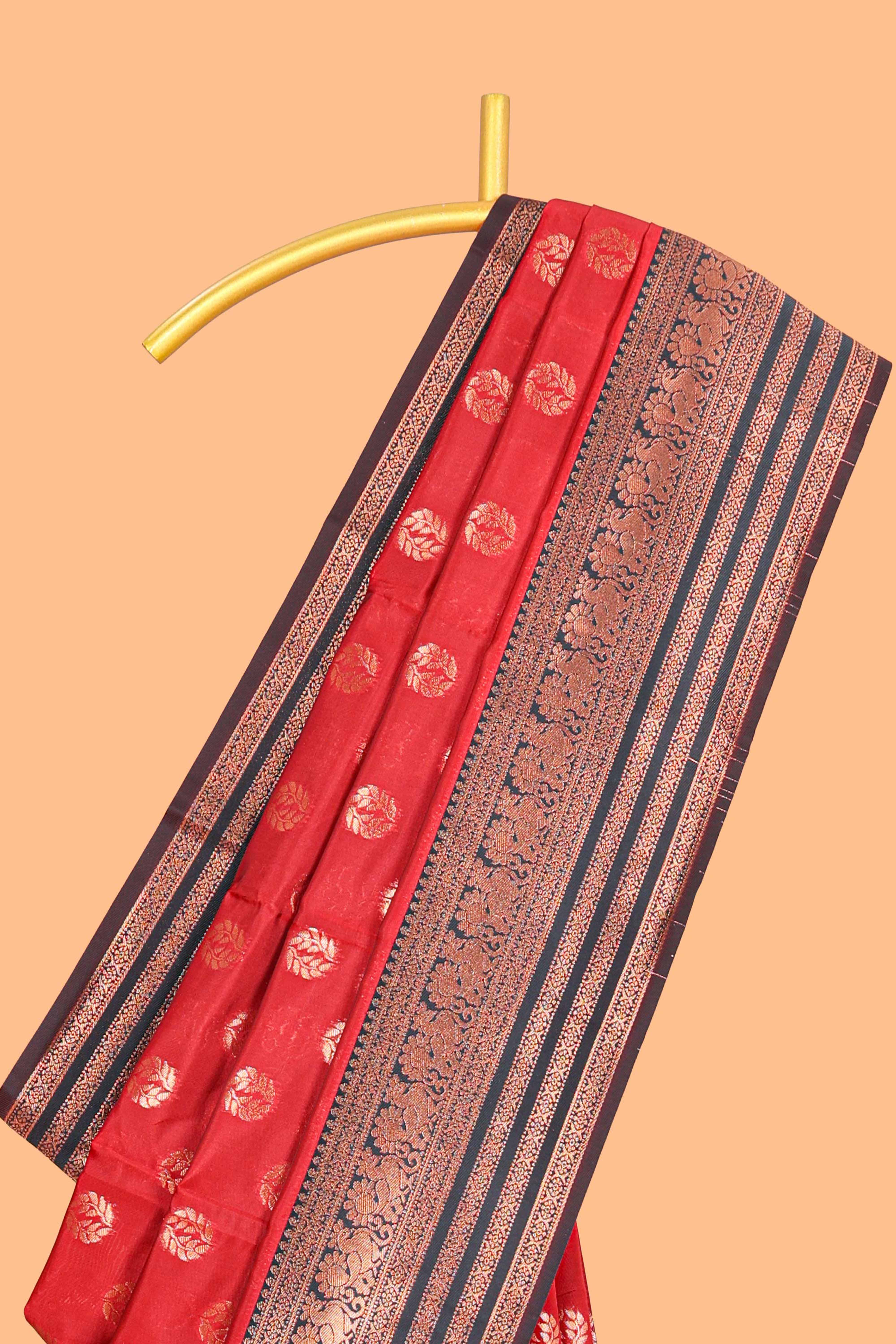 Red Art Silk Paisley Motifs with Woven Zari Style Border along with Matching Zari Weaving Buttas