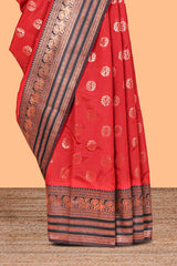 Red Art Silk Paisley Motifs with Woven Zari Style Border along with Matching Zari Weaving Buttas