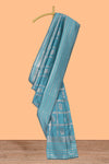 Blue checked zari motifs art silk saree with self zari border and matching zari motifs blouse