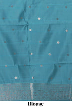 Blue checked zari motifs art silk saree with self zari border and matching zari motifs blouse