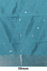 Blue checked zari motifs art silk saree with self zari border and matching zari motifs blouse