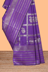 Violet checked zari motifs art silk saree with self zari border and matching zari motifs blouse